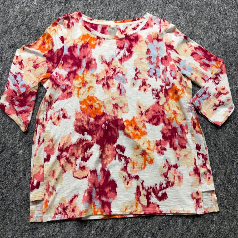 Chicos Tunic Top Womens 2 Large Red Orange Floral Ikat Slub Knit 3/4 Sleeve